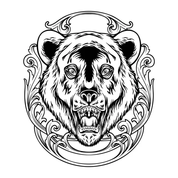 Engraved Wilderness Vintage Frame Grizzly Bear Outline Vector Illustrations Your — Stock Vector