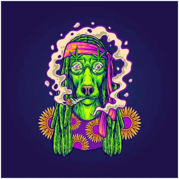Hippie Dog Smoking Cannabis Joint Bohemian Illustrations Vector Illustrations Your —  Vetores de Stock