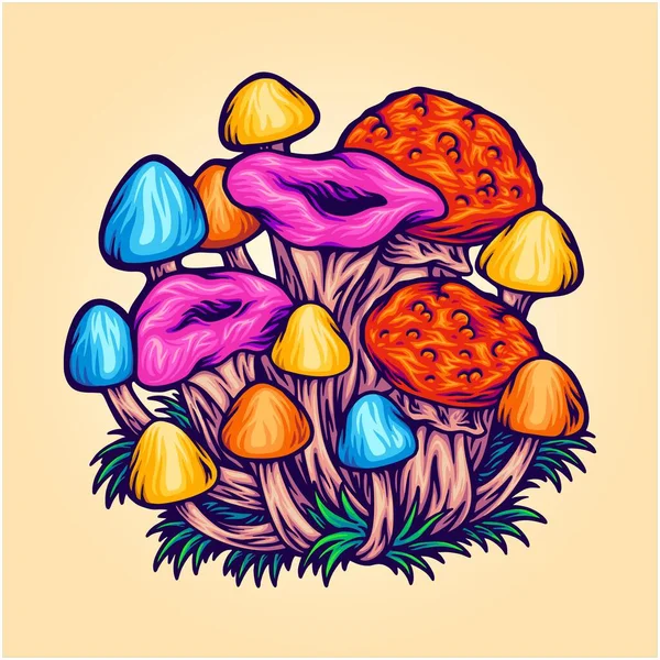 Stock vector Trippy mushrooms botanical garden cultivation vector illustrations for your work logo, merchandise t-shirt, stickers and label designs, poster, greeting cards advertising business company or brands