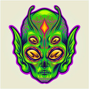 İş logosu, ticari tişört, çıkartma ve etiket tasarımları, poster, tebrik kartı reklam şirketi veya markalar için ölü vektör illüstrasyonlarının şeker kafatası gününde fantezi uzaylı kafası.