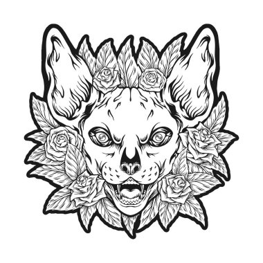 İş logonuz, ticari tişörtünüz, çıkartmalarınız ve etiket tasarımlarınız, afişleriniz, reklam şirketiniz veya markalarınız için çiçek süslemeleri, monokrom vektör çizimleri içeren ruhani zarafet sfenks kedisi.