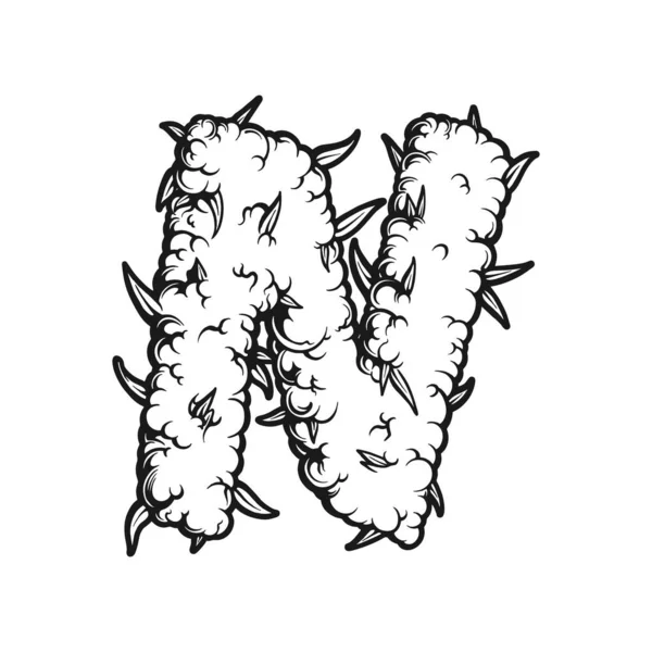 Unique cannabis n lettering goes smoky monogram outline vector illustrations for your work logo, merchandise t-shirt, stickers and label designs, poster, greeting cards advertising business company or brands