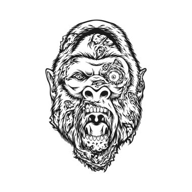 İş logonuz, ticari tişörtleriniz, çıkartmalarınız, etiket tasarımlarınız, posterleriniz, tebrik kartlarınız reklam şirketiniz ya da markalarınız için korkunç maymun başlı tek renkli vektör çizimlerinden korkun.