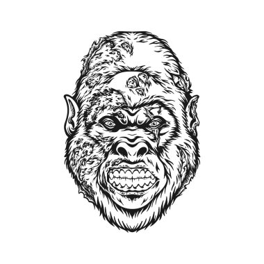 İş logonuz için gizemli korku zombisi baş monokrom vektör çizimleri, ticari tişörtler, çıkartmalar ve etiket tasarımları, poster, tebrik kartları reklam şirketleri veya markalar.