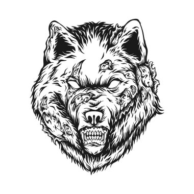 Vahşi zombi kurt kafası canavar monokrom vektör çizimleri iş logonuz, ticari tişörtler, çıkartmalar ve etiket tasarımları, poster, tebrik kartları reklam şirketleri veya markalar için.