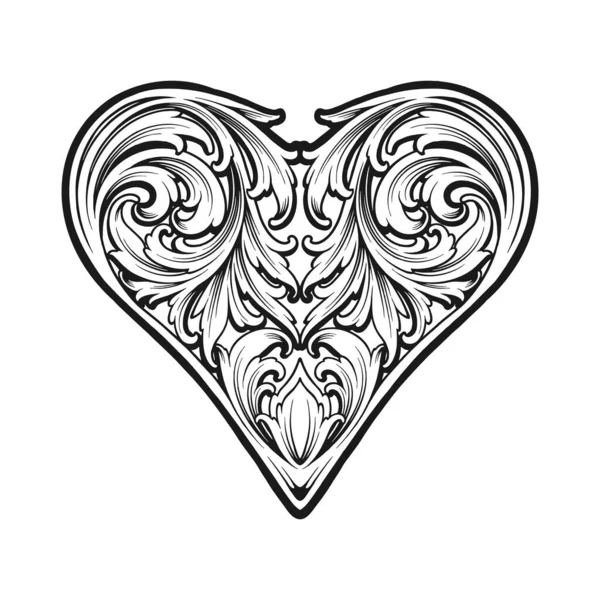 Encanto Victoriano Grabado Patrón Corazón Motivos Florales Silueta Vector Ilustraciones — Archivo Imágenes Vectoriales