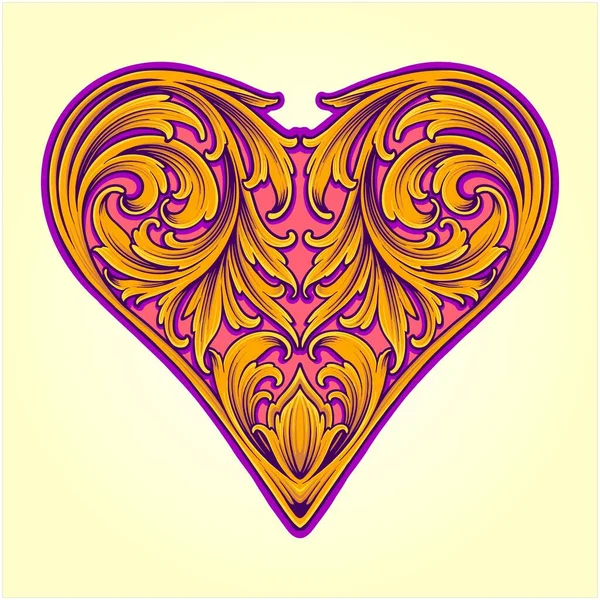 Antique Victorian Engraved Flowers Pattern Heart Shaped Vector Illustrations Your — Stock Vector