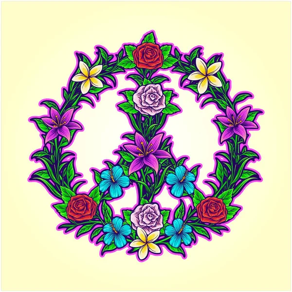 Floral Peace Zeichen Groovy Vibes Hippie Life Vector Illustrationen Für — Stockvektor