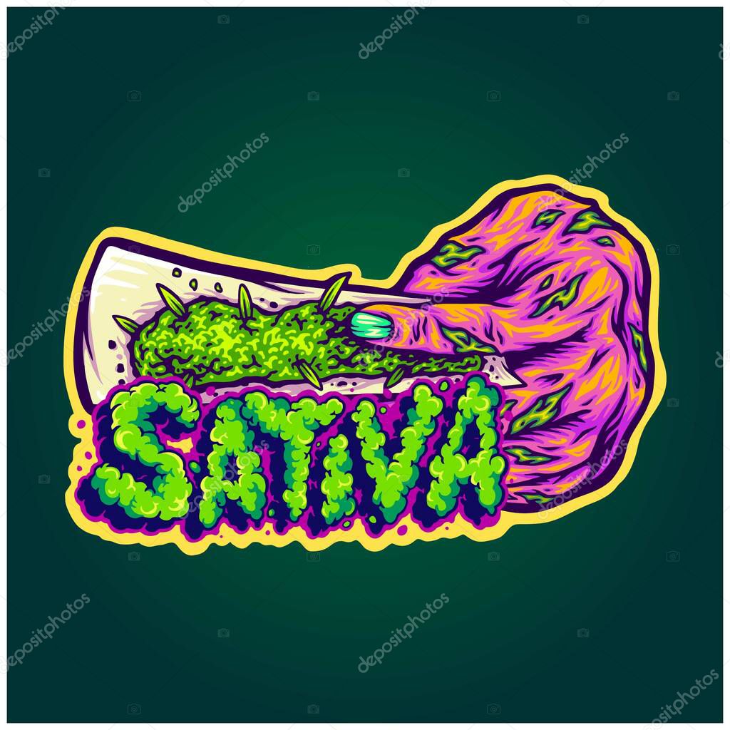 Zombie hand rolling cannabis with sativa lettering vector illustrations for your work logo, merchandise t-shirt, stickers and label designs, poster, greeting cards advertising business company or brands