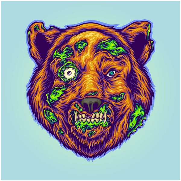 Strašidelný Horor Strašidelný Medvěd Hlava Zombie Monster Vektorové Ilustrace Pro — Stockový vektor