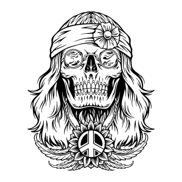 Psychedelischer Hippie Schädel Kopf Groovy Vibes Illustration Monochrome Vektorillustrationen Für — Stockvektor