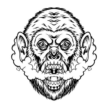 Kükreyen primat maymun kafası esrarı iş logonuz, ticari tişörtünüz, çıkartmalarınız ve etiket tasarımlarınız, poster, tebrik kartları reklam şirketiniz ya da markalarınız için tek renkli vektör çizimleri tüttürüyor.