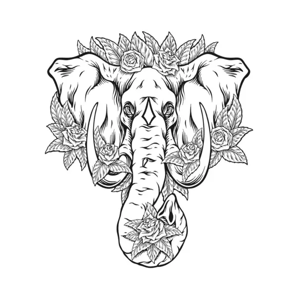 Floral Elegante Elefante Adornado Ornamento Ilustraciones Vectoriales Monocromáticas Para Obra — Vector de stock