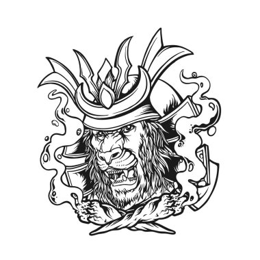 Aslan başlı samuray keneviri kenevir desenleri iş logonuz, ticari tişörtün, çıkartmalarınız ve etiket tasarımlarınız, poster, tebrik kartları reklam şirketiniz veya markalarınız için monokrom vektör çizimleri