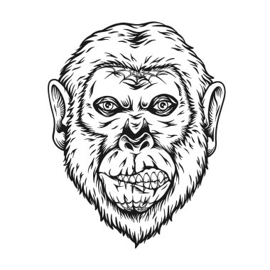 İş logonuz, ticari tişörtünüz, çıkartmalarınız ve etiket tasarımlarınız, poster, tebrik kartları reklam şirketiniz veya markalarınız için tek renkli vektör çizimlerine musallat olan zombi maymunu.