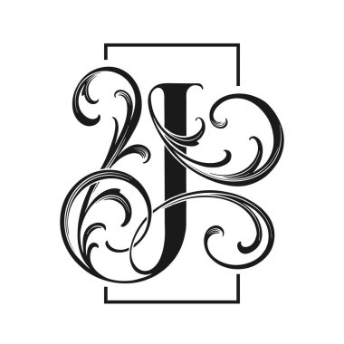 İş logosu, ticari tişört, çıkartma ve etiket tasarımları, poster, tebrik kartı reklam şirketi veya markalar için J monogram monokrom vektör çizimleri