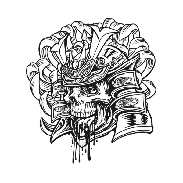 Monster Skull Samurai Ornate Warrior Helmet Outline Vector Illustrations Your — Stock Vector
