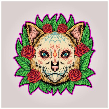 Fiesta muertos kedi çiçekli vektör illüstrasyonları iş logonuz, ticari tişörtler, çıkartmalar ve etiket tasarımları, poster, tebrik kartları reklam şirketi veya markalar için.