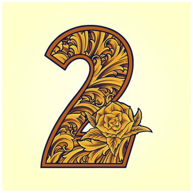 İş logonuz, ticari tişörtünüz, çıkartmalarınız ve etiket tasarımlarınız için antika 2 numaralı monogram logo vektör çizimleri, poster, tebrik kartları reklam şirketi veya markalar