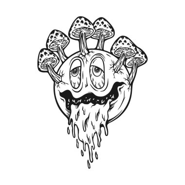 İş logonuz, ticari tişörtünüz, çıkartmalarınız ve etiket tasarımlarınız, poster, tebrik kartı reklam şirketiniz ya da markalarınız için sihirli mantar mantarı simgesi damlatan monokrom vektör çizimleri