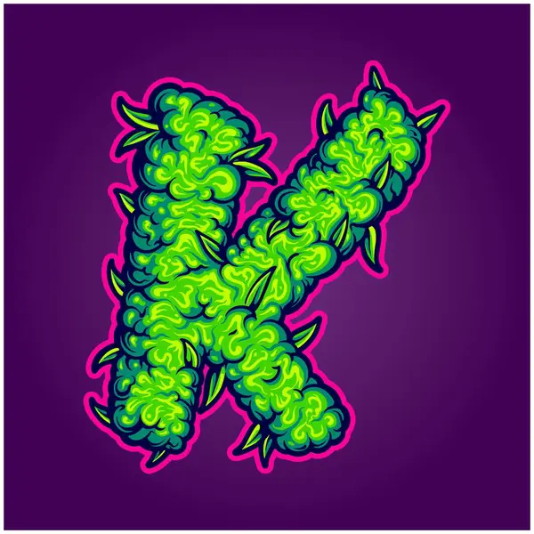 Kush Leaf Letter Emblema Con Illustrazioni Vettoriali Germogli Cannabis Vostro Grafiche Vettoriali