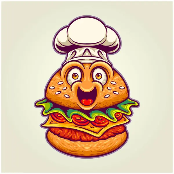 Divertenti Food Burger Chef Deliziose Illustrazioni Vettoriali Tuo Logo Lavoro Grafiche Vettoriali