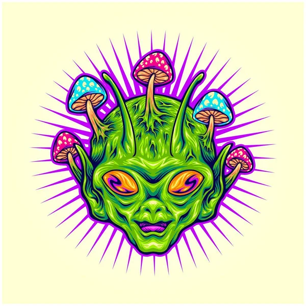 Мистические Грибы Инопланетные Головы Психоделические Векторные Иллюстрации Вашей Работы Логотип Стоковый вектор
