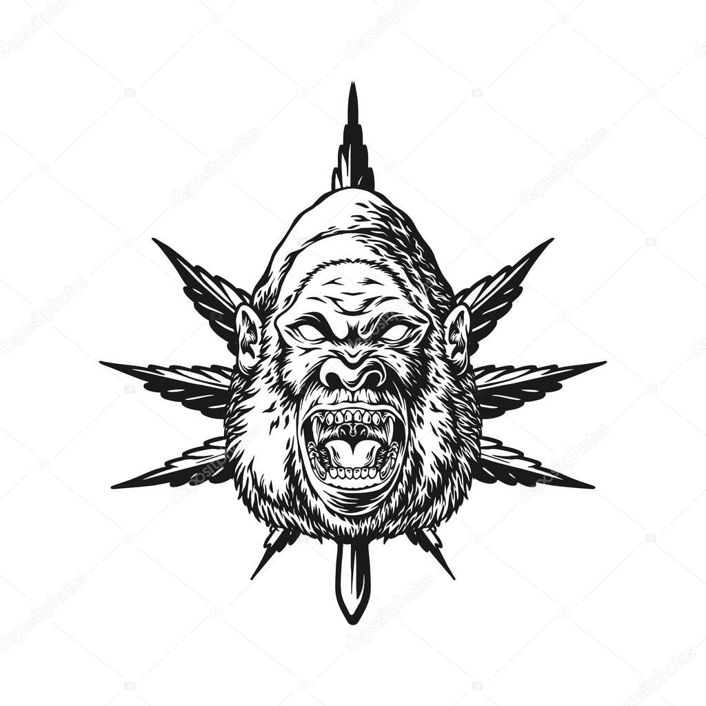 Gorilla Head with Cannabis Leaf Frame Silhouette Mascot vector illustrations for your work logo, merchandise t-shirt, stickers and label designs, poster, greeting cards advertising business company or brands