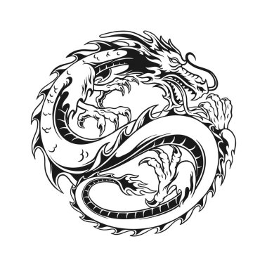 İş logonuz, ticari tişörtünüz, çıkartmalarınız ve etiket tasarımlarınız, poster, tebrik kartları reklam şirketiniz veya markalarınız için dairesel Piksel Ejderha Tasarımı Silüet vektör çizimleri