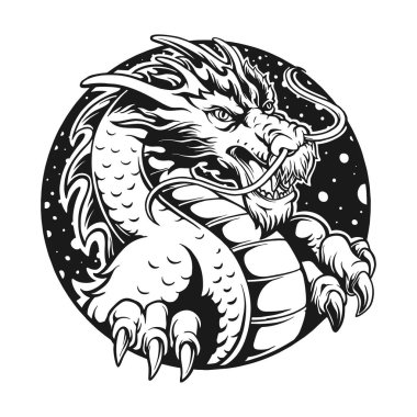 İş logonuz için Dragon and Circle Frame Silhouette tasarım vektör çizimleri, ticari tişörtler, çıkartmalar ve etiket tasarımları, poster, tebrik kartları reklam şirketleri veya markalar için
