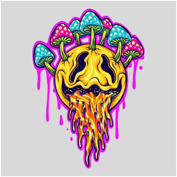 Renkli Psikedelik Gülen Yüz, iş logonuz için mantar ve damlayan elementler vektör çizimleriyle süslenmiş, ticari tişört, çıkartma ve etiket tasarımları, poster, tebrik kartları reklam şirketi veya markalar