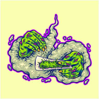 İş logosu, ticari tişört, çıkartma ve etiket tasarımları, poster, tebrik kartı reklam şirketi veya markalar için duman vektörü ile marihuana sarma fikri