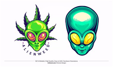 Alien Heads One Green with Cannabis Leaves vektör çizimleri iş logonuz, ticari ürünler tişörtü, çıkartmalar ve etiket tasarımları, poster, tebrik kartları reklam şirketi veya markalar için