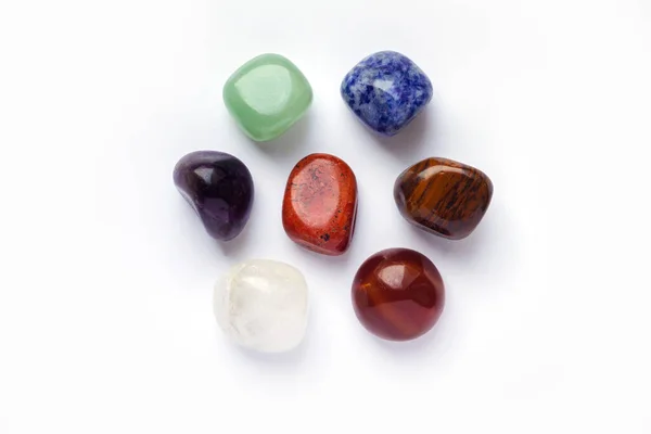 Conjunto Siete Cristales Curativos Piedras Preciosas Aisladas Sobre Fondo Blanco — Foto de Stock