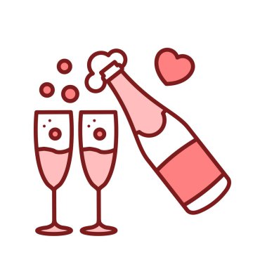 Şampanya şişesi ve gözlük çizgisi renk ikonu. Noel, yeni yıl, doğum günü kutlaması. İzole vektör elementi. Web sayfası, mobil uygulama, tanıtım için resim çizelgesi.