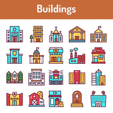 Building color line icons set. Isolated vector element. Outline pictograms for web page, mobile app, promo