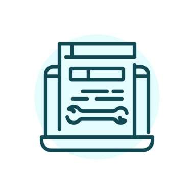 Siyah çizgi simgesi onarılıyor. Dizüstü bilgisayarda web sitesi. Destek servisi