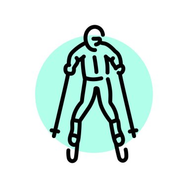 Kayakçı siyah çizgi simgesi. Kışın kayak yapmak.