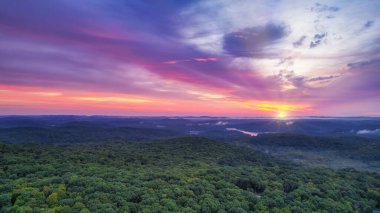 Gökyüzünde canlı renkler gösteren yemyeşil bir orman ve dingin bir göl üzerinde nefes kesen bir gün batımı görüntüsü..