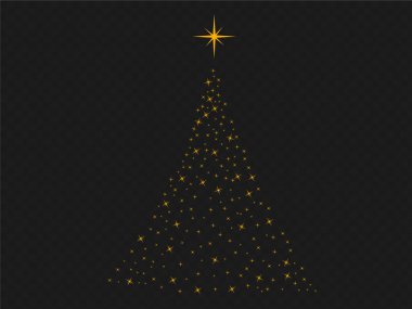 Png veya şeffaf arkaplanda izole edilmiş yıldızlı altın parçacıkları Noel ağacı. Yeni yıl, doğum günleri ve lüks kartlar için grafiksel kaynaklar. Vektör illüstrasyonu 