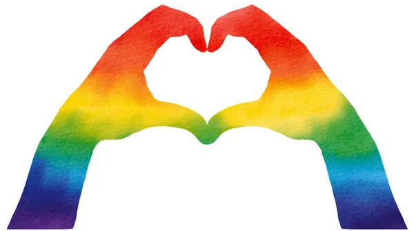 虹の旗のブラシスタイルで心の形で手 Lgbtプライドヶ月水彩テクスチャコンセプト ベクトル — ストックベクタ
