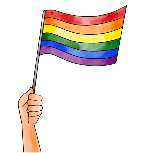 Hand Hold Wave Rainbow Flag Watercolor Brush Background Lgbt Conceito —  Vetores de Stock
