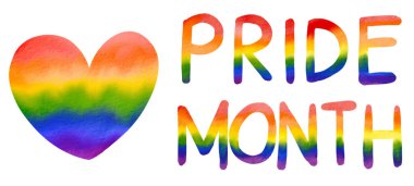 Gökkuşağı kalp şekli ve gurur dolu bir ayda suluboya resim beyaz arka planda izole edilir. LGBT Gurur Ayı konsepti. Vektör illüstrasyonu