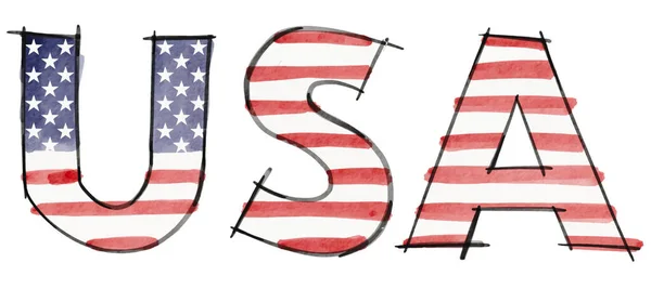 Ручной Рисунок Сша Текст Флагом Соединенных Штатов Америки Внутри Акварельной — стоковый вектор