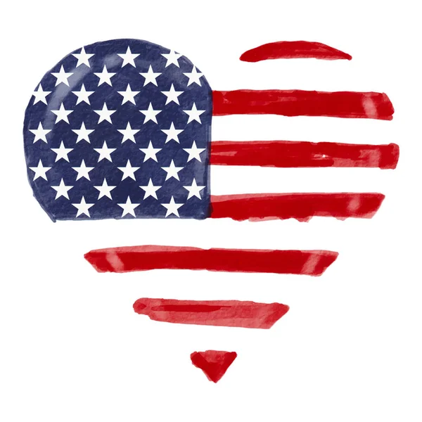 Ręcznie Rysować Kształt Serca Usa Flaga Akwarela Pędzel Izolować Farby — Wektor stockowy