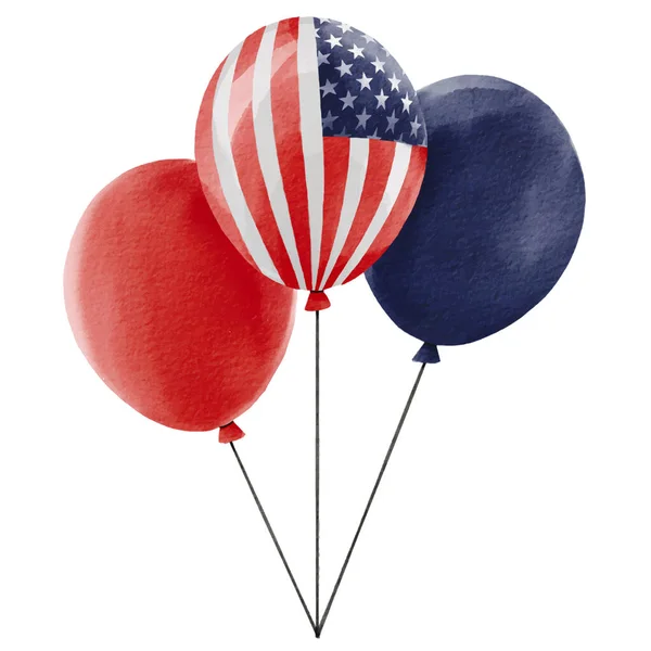 7月4日 手绘美国国旗气球 涂上蓝色 红色的水彩刷 在白色的背景上隔离 矢量说明 — 图库矢量图片