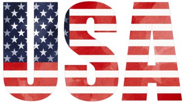 Beyaz arka planda izole edilmiş suluboya fırça boyası içinde Amerika Birleşik Devletleri bayrağı olan el çizimi ABD metni. Vektör illüstrasyonu 