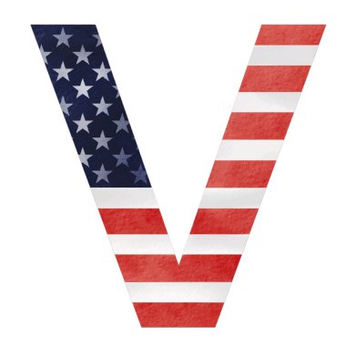 V harfi Amerika Birleşik Devletleri alfabesine ait beyaz arka planda bulunan suluboya fırça boyasının içinde bayrak resmi. Vektör illüstrasyonu 