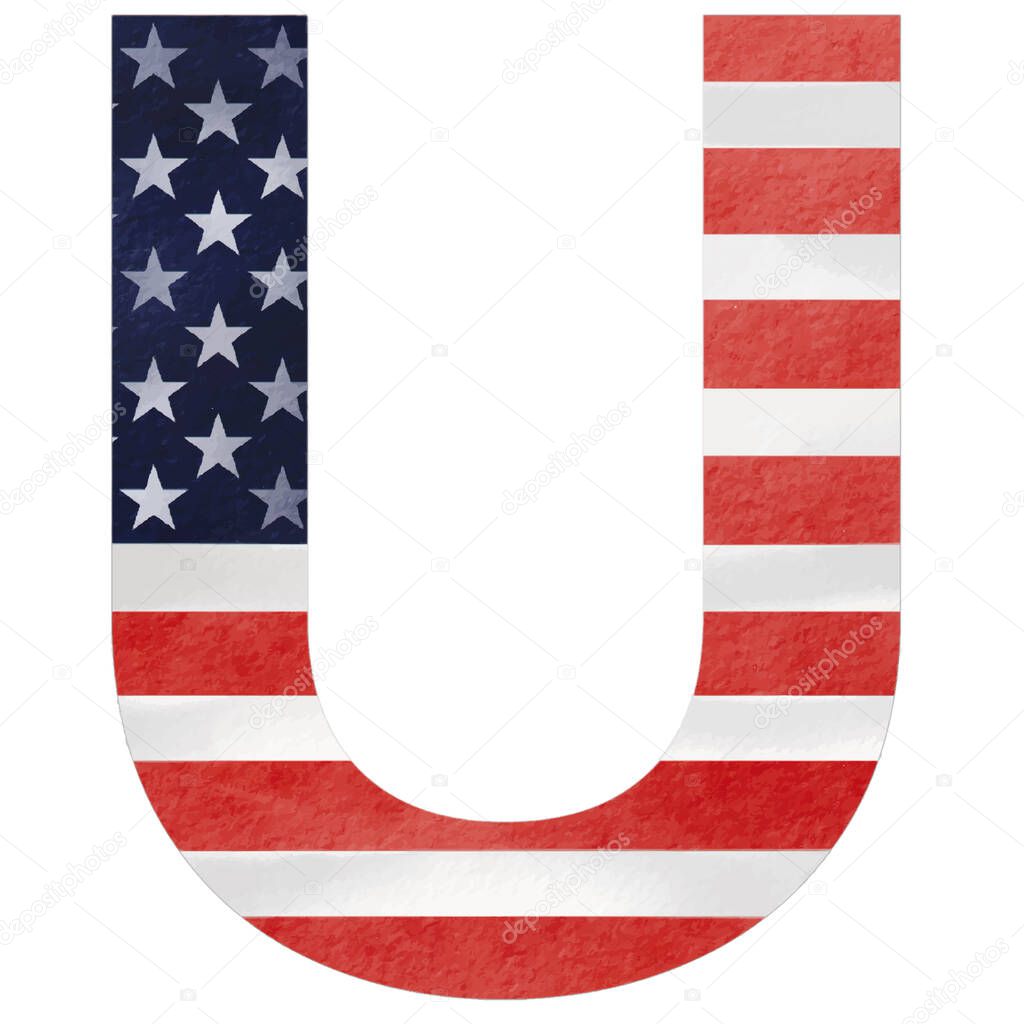 Letter U hand painted USA alphabet text with United state of  America  flag inside  watercolor  brush paint isolate on white background. Vector illustration