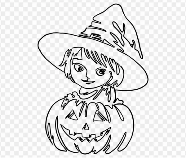 One Line Hand Drawing Smile Pumpkin Cute Girl Wears Hat — стоковый вектор